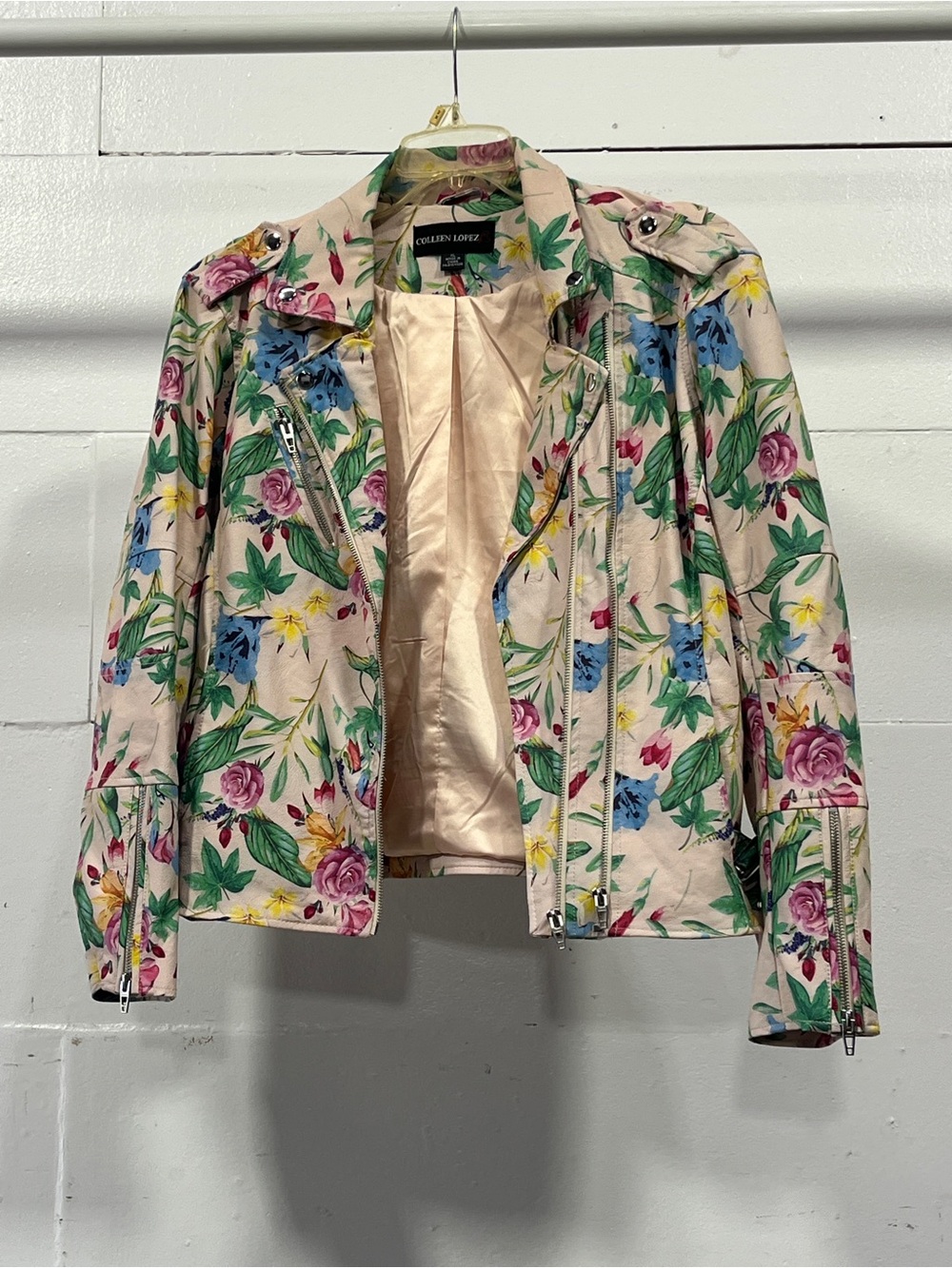 Colleen Lopez Cream Floral Leather Moto Jacket
